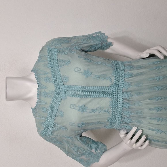 Mint Green Lace Overlay Coquette Cottagecore Embroidered Fairy Midi Dress Size M - Picture 2 of 13